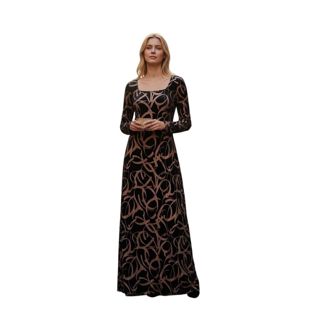 Velvet Bodycon Maxi Dress 1X Black Brown Abstract Print Long Sleeve Formal